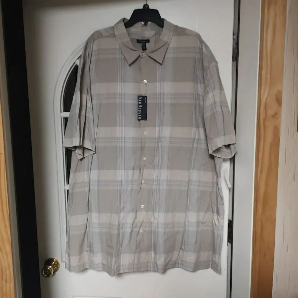 New Van Heusen Khaki Silver Colored Short Sleeve Button Down Shirt Mens 3XL Tall